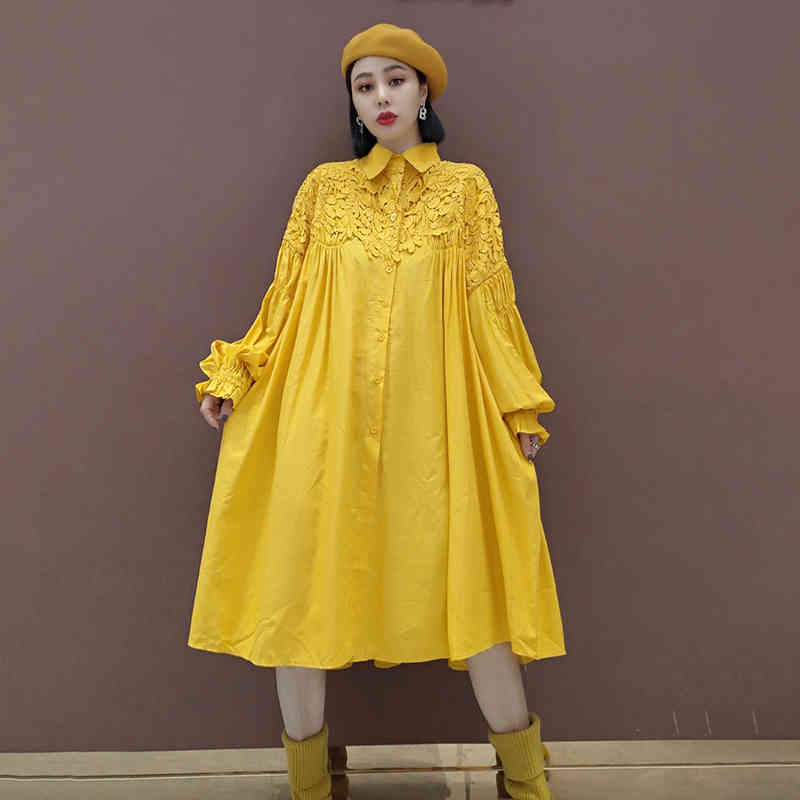 SHENGPLLAE Chic Lace Patchwrok Dress Women's Spring Lapel Large Size Single Breasted Long Sleeve Knee-length Dresses 210427