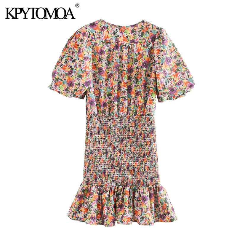 Women Chic Fashion Floral Printed Ruffled Mini Dress Puff Sleeve Elastic Smocked Female Dresses Vestidos 210420