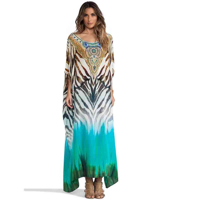 Bikini Cover-ups Women Plus Size Beach Wear Morrocan Kaftan Bohemian Printed Long Summer Dress Boho Swimwear Cover Up Q1074 210420