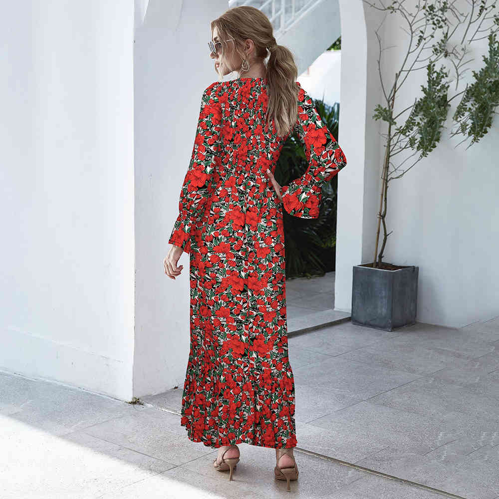 Long Dress Autumn Winter Dots Flroal Print Ruffle Black Clothes Elegant Ladies Flower Long Sleeve Maxi Dresses For Women 210409