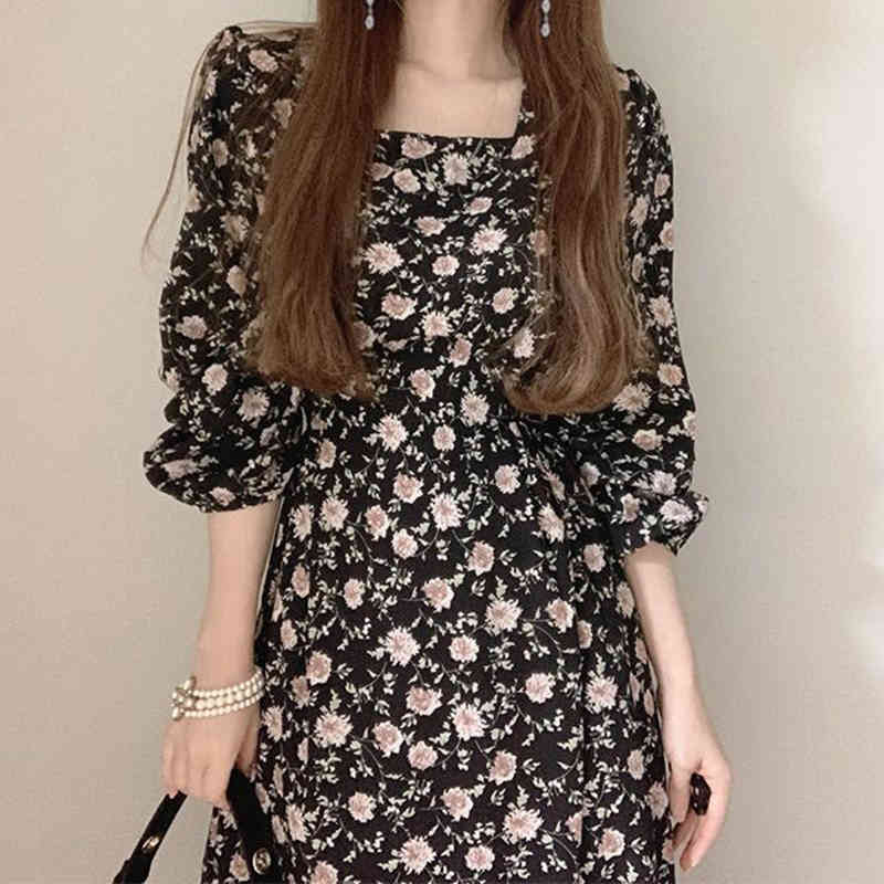 Summer Floral Print Women Dress Square Collar Puff Sleeve Slim Waist Female Dresses Elegant Vestidos Femme Robe 210519