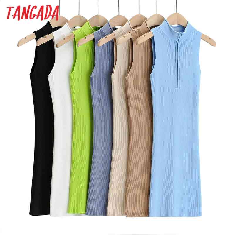 Fashion Women Solid Sweater Sleeveless Zipper Ladies Mini Dress 4P03 210416