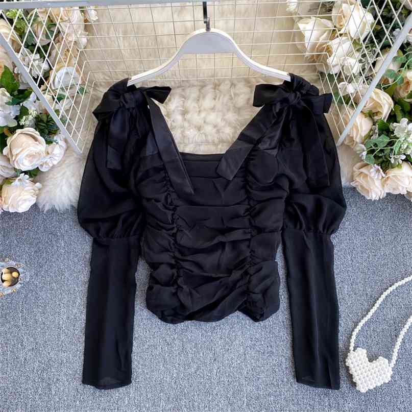 Women's Blouse Black Ruched Mesh Top Fashion Bowtie Shoulder Long Puff Sleeve Back Zipper Female Shirt Spring 210603
Women's Blouse Black Ruched Mesh Top Fashion Bowtie Shoulder Long Puff Sleeve Back Zipper Female Shirt Spring 210603