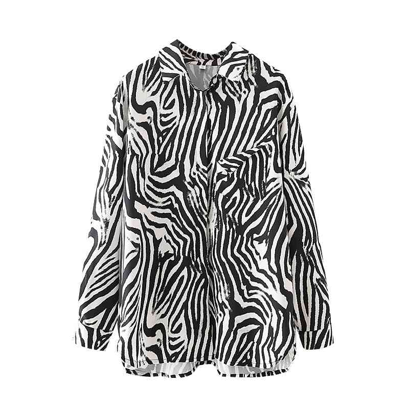 Elegant Women Zebra Stripes Shirts Fashion Ladies Turn Down Collar Tops Causal Female Chic Pocket Button Blouses 210430