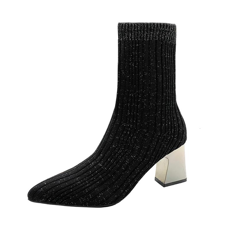 Boots 2021 Metal Color 7cm Square Heels Socks Women Stretch Fabric Elastic Pointed Toe Shoes Ankle Boot Woman