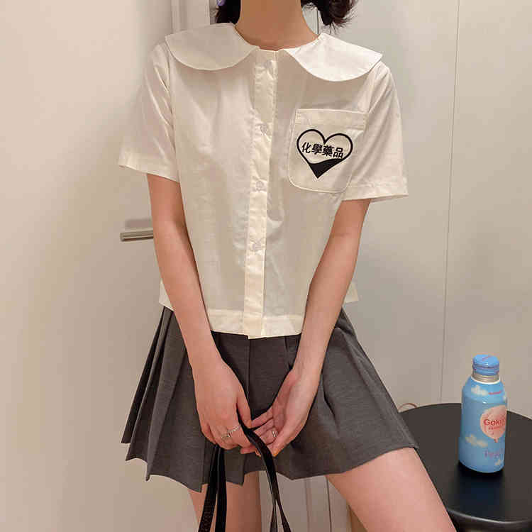 korean style embroidery Pocket short sleeve blouse women White blouses loose summer tops (F4299) 210423