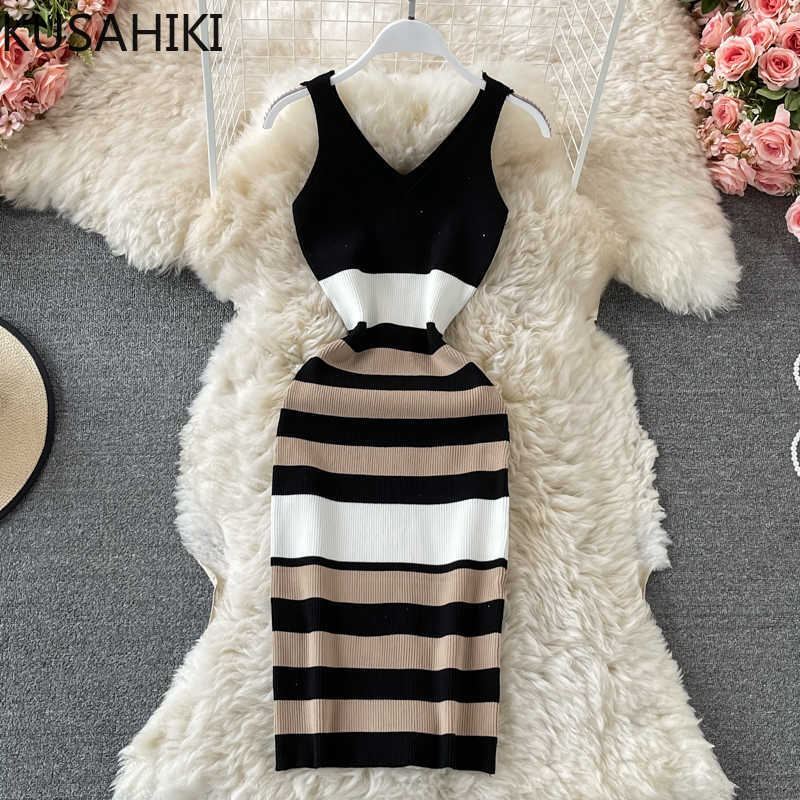 KUSAHIKI V-neck Hit Color Stripe Knitted Slim Bodycorn Dress Korean Sleeveless Stretch Sweater Vestido De Mujer 6H765 210602, Khaki
KUSAHIKI V-neck Hit Color Stripe Knitted Slim Bodycorn Dress Korean Sleeveless Stretch Sweater Vestido De Mujer 6H765 210602, Khaki