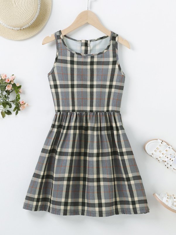 Girls Plaid Print Sleeveless Dress SHE