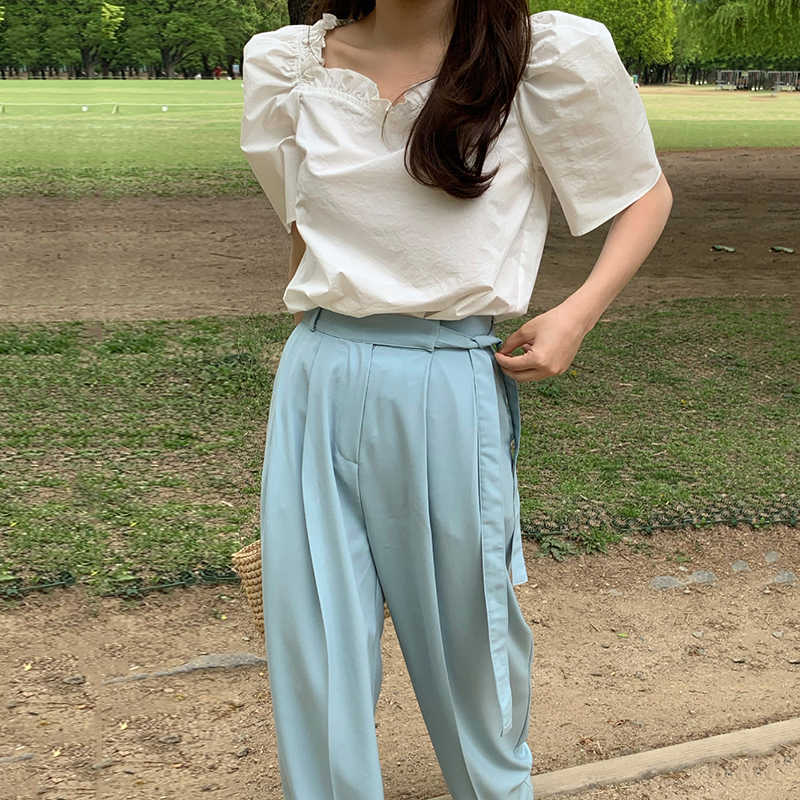 Korejpaa Women Pants Summer Korean Chic Simple Versatile High-Waisted Side-Tied Wide Loose Drape Wide-Leg Suit Casual Pant 210526