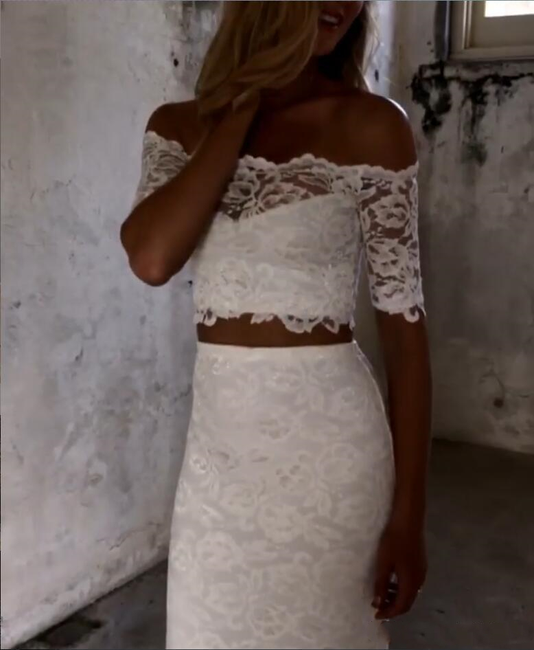 Bohemian Full Lace Mermaid Wedding Dresses Bridal Gowns Two Pieces Bateau Neck Off Shoulder Summer Boho Beach Bride Dress