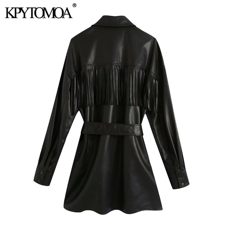Women Fashion With Belt Tassel Faux Leather Jacket Coat Vintage Long Sleeve Snap-button Female Outerwear Chic Tops 210416