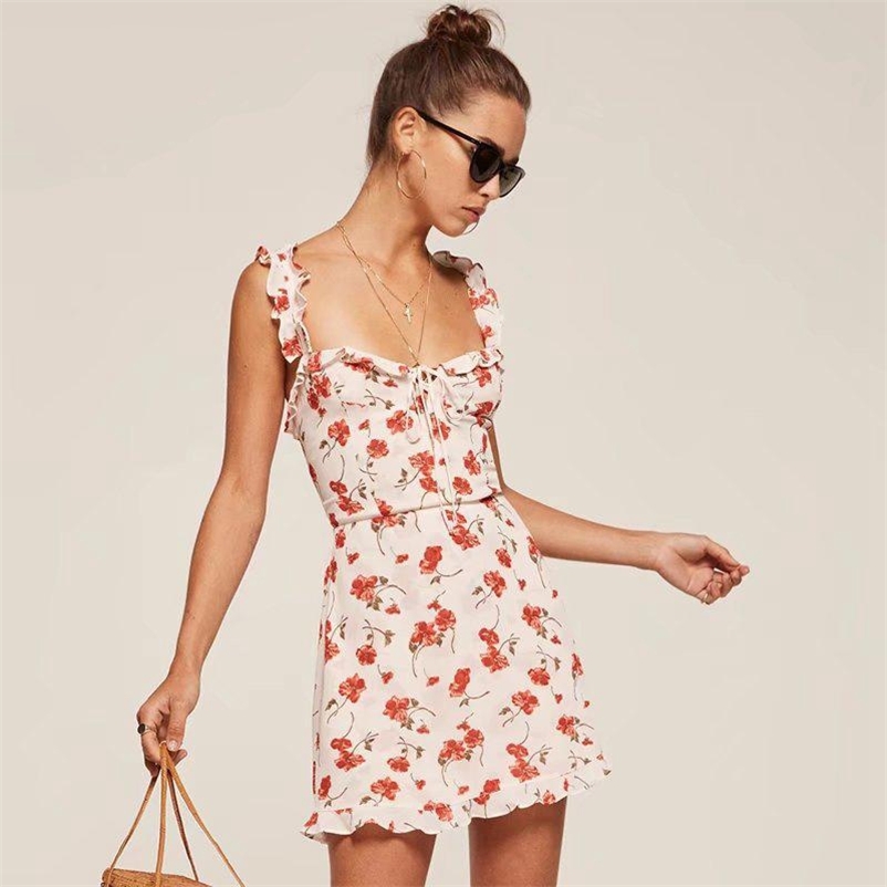 Vintage floral boho yellow dress women summer Sexy ruffles chiffon beach Casual mini vestidos 210521