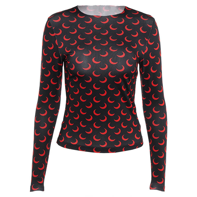 Summer Fashion T Shirt Moon Print Tight Sexy Short Paragraph Bottoming Long Sleeve Women's Clothing Tshirt Elegant Tops 210406