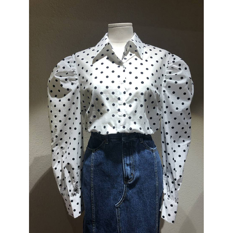 Nomikuma Korean Dot Causal Women Blouse Puff Sleeve Turn-down Collar Shirt Spring New Blusas Mujer De Moda Verano 6E815 210427