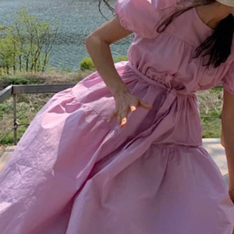 Korean Chic Summer Dresses Women Pleated O-neck Puff Sleeve Vestidos Femme Bow Tie Slim Waist A-line Dress 6H224 210603