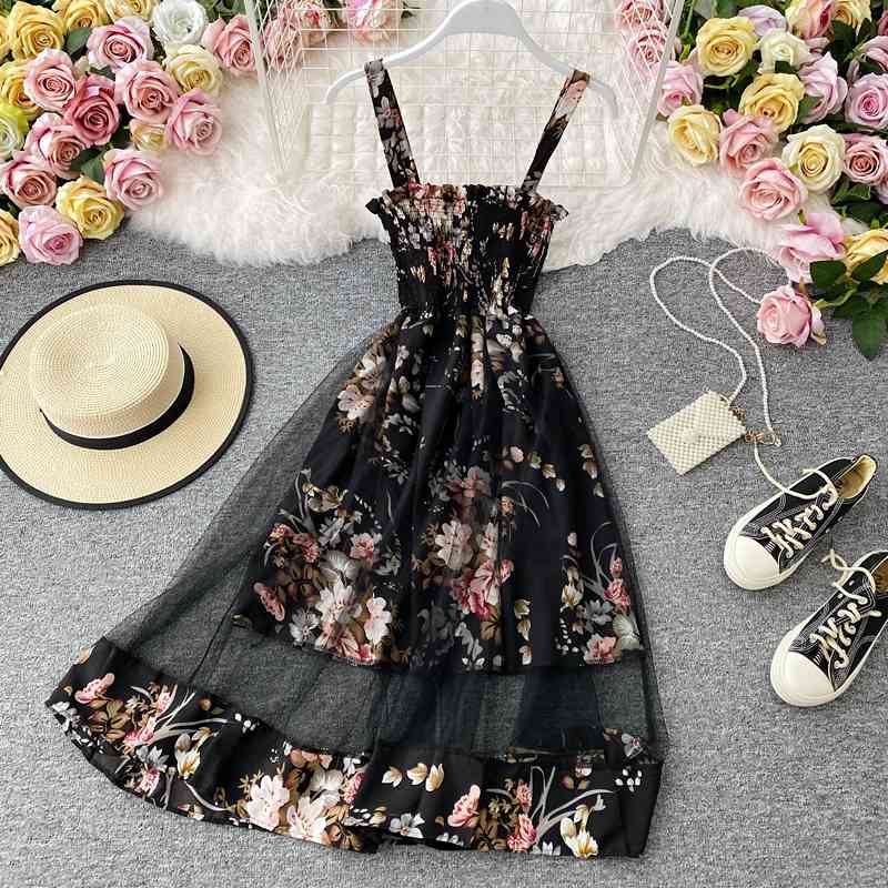 OCEANLOVE Summer Dress Floral Beach Style Mesh Chiffon Vestidos Moda Coreana Elegant Robes Sexy Vinatge Dresses Women 17160 210331Z