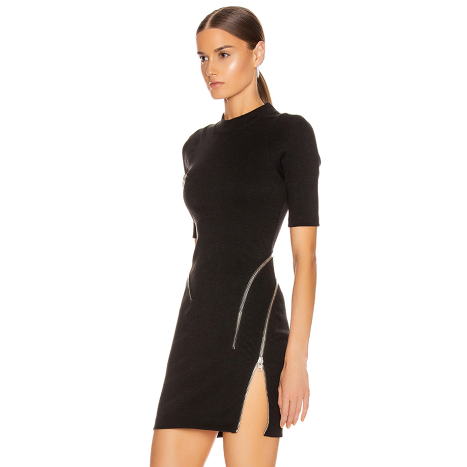 Summer Women Bandage Dress Sexy Short Sleeve Asymmetric Zipper Black Vestidos Celebrity Evening Party 210423