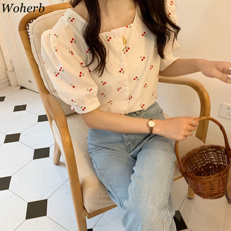 Women Blouses Vintage Shirts Print Cherry Square Collar Sweet Puff Sleeve Blouse Summer Wild Korean Clothes Tops 210519