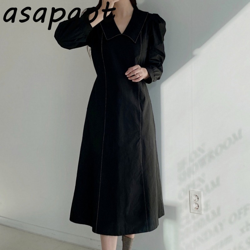 Dress Elegant Temperament Minimalist Spring Puff Full Sleeve Big Lapel Women Lace Up Waist Slim Vestido De Mujer 210429