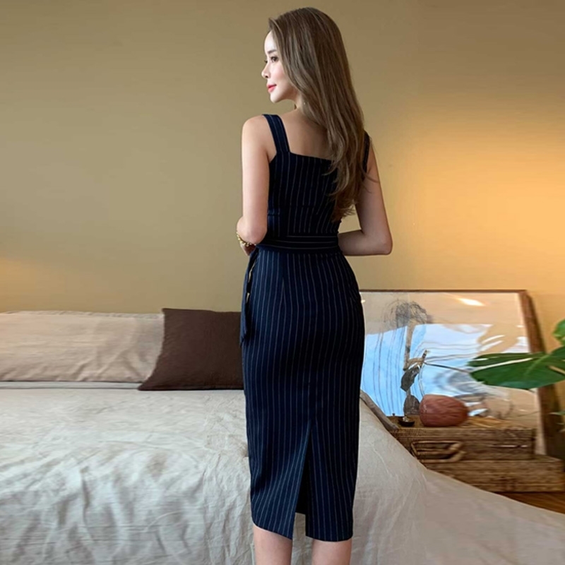 Women Knee-Length Summer Dresses Sexy Backless Bodycon Sleeveless Double Breasted Korea Dress Vestidos 210520