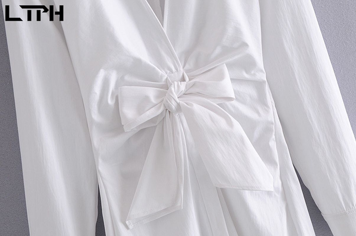 Office Lady High waist Bow Poplin shirt dress women simple white Single Breasted all-match elegant dresses Spring 210427