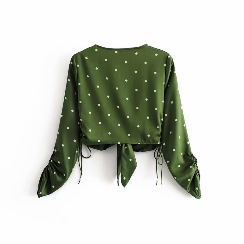 Sexy Green Color Polka Dot Print Women Cropped Shirt Batwing Sleeve V-Neck Lacing Up Bow Tide Cardigan Blouse Femme Blusas 210429