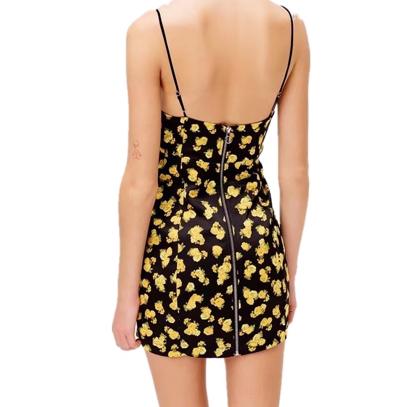 Women Sexy French Daisy Flower Spaghetti Strap Mini Dress Lady Slim fit Back Zipper Bodycon Sling Party 210429