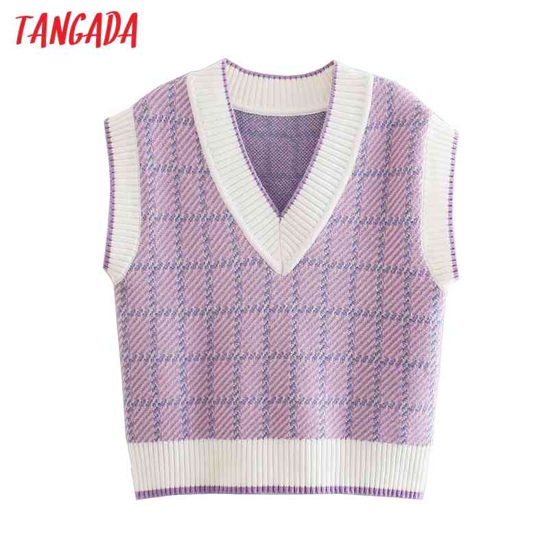 Women Vintage Plaid Oversized Knitted Vest V Neck Sweater Sleeveless Female Waistcoat Tops BE404 210416
