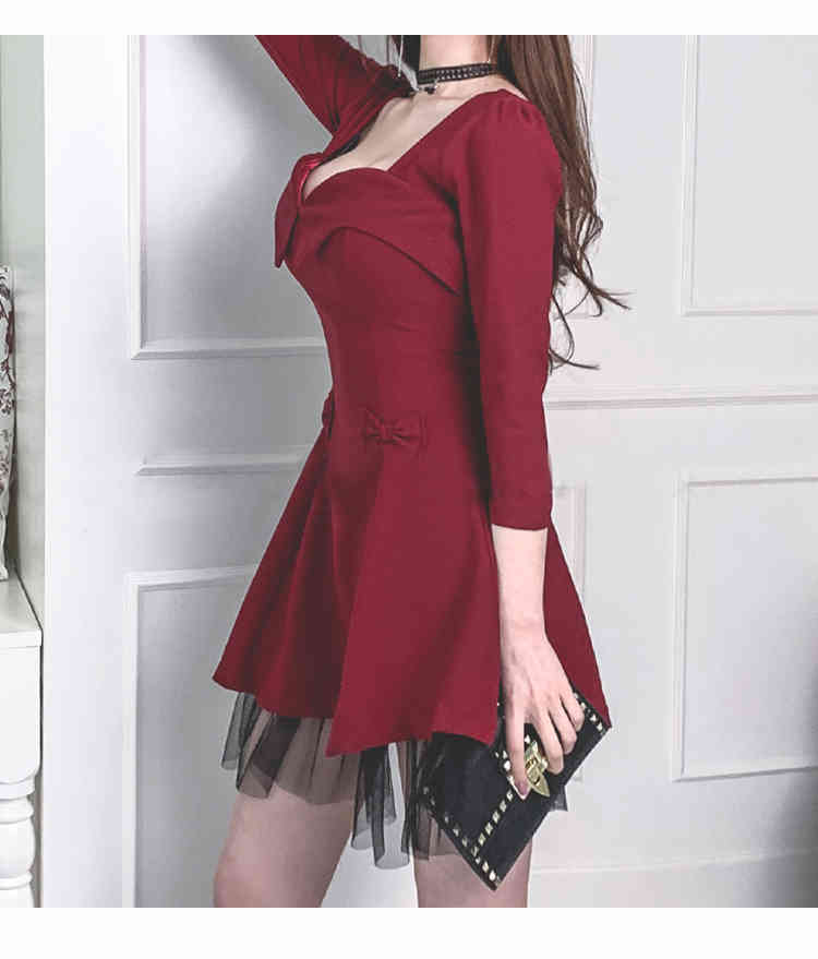 Spring Women Sexy V-Neck Party Dress 3/4 Sleeve Mesh Patchwork Bodycon Elegant Slim Mini Female Vestidos 210519
