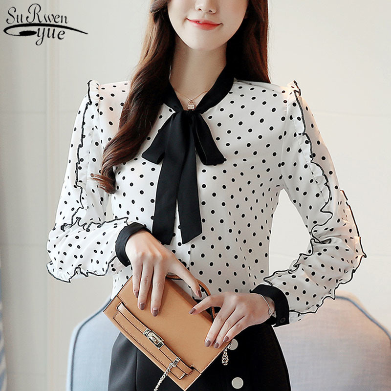 Red Chiffon Blouse Shirt Long Sleeve Women Shirts Fashion s Tops and s Bow Collar Office 1318 40 210427