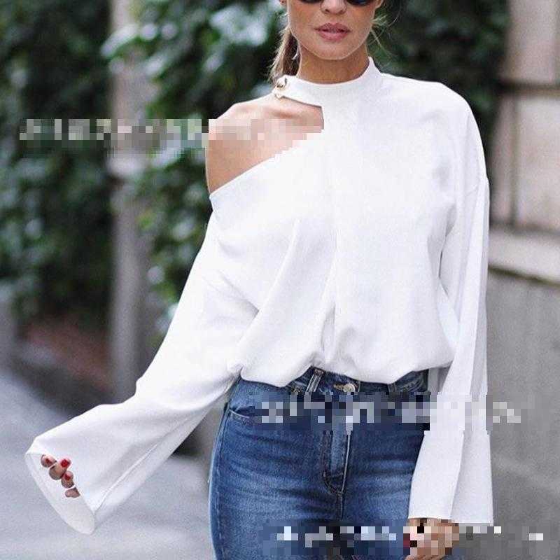 Women T Shirt Irregular Off Shoulder Sexy Plus Size White Casual Hollow Out Long Sleeve -shirt 210524