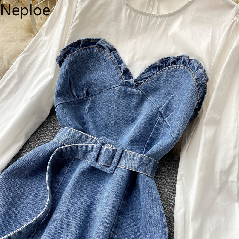 Neploe Korean Fashion Dresses for Women Puff Sleeve Sweet Ruffles Vestodps Patchwork Cowboy Contrast Color Lace Up Short Dress 210422