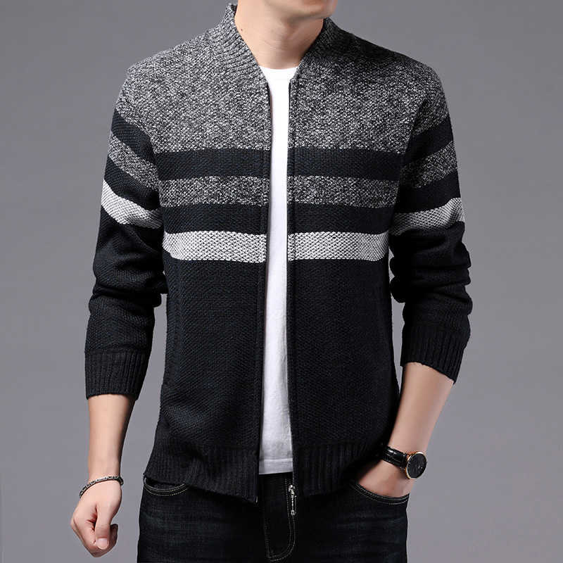 BROWON Korean Clotnes Men Wintersmart Casual Knitted Patchwork Cardigan Sweater Fashion Thick Zipper Up Men Clothing Sweater 211008