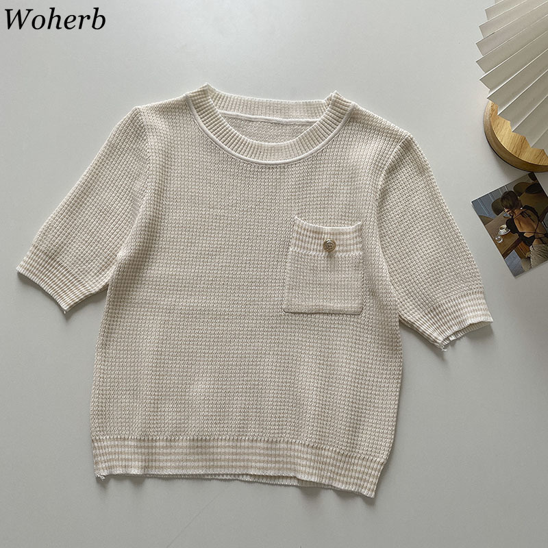 Knitted T Shirts Women Summer O Neck Short Sleeve Tees Shirt Slim Korean Fashion Plaid Pocket Knitwear Tops 4j308 210519
