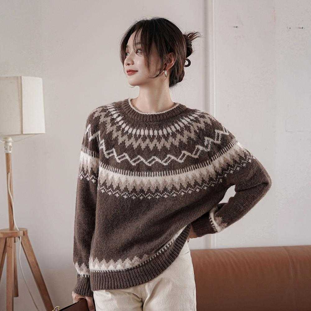 Qooth Vintage Winter Thick Women Sweater Full Sleeve Pullovers Printed Warm Knitted Loose Jumper Sweaters QT281 210609