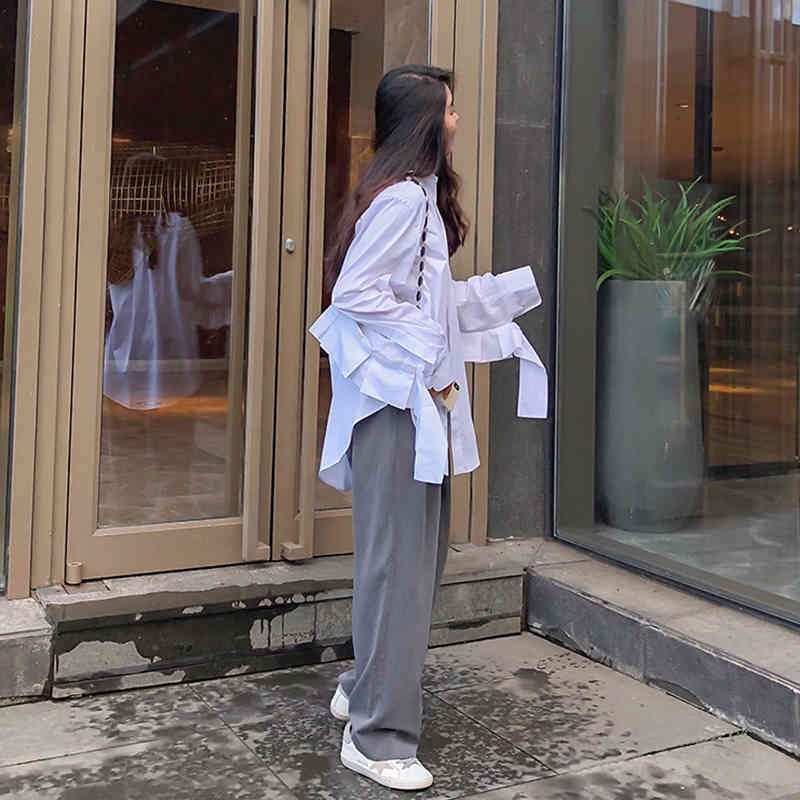 [EAM] Women White Irregular Bandage Big Size Blouse Lapel Long Sleeve Loose Fit Shirt Fashion Spring Autumn 1DD6474 21512