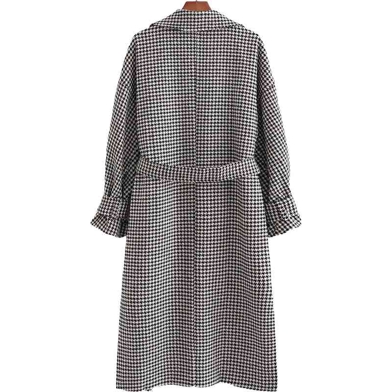 Vintage Woman Grey Houndstooth Long Loose Woolen Coat Fashion Ladies Autumn Sashes Outerwear Female Oversized Jackets 210515