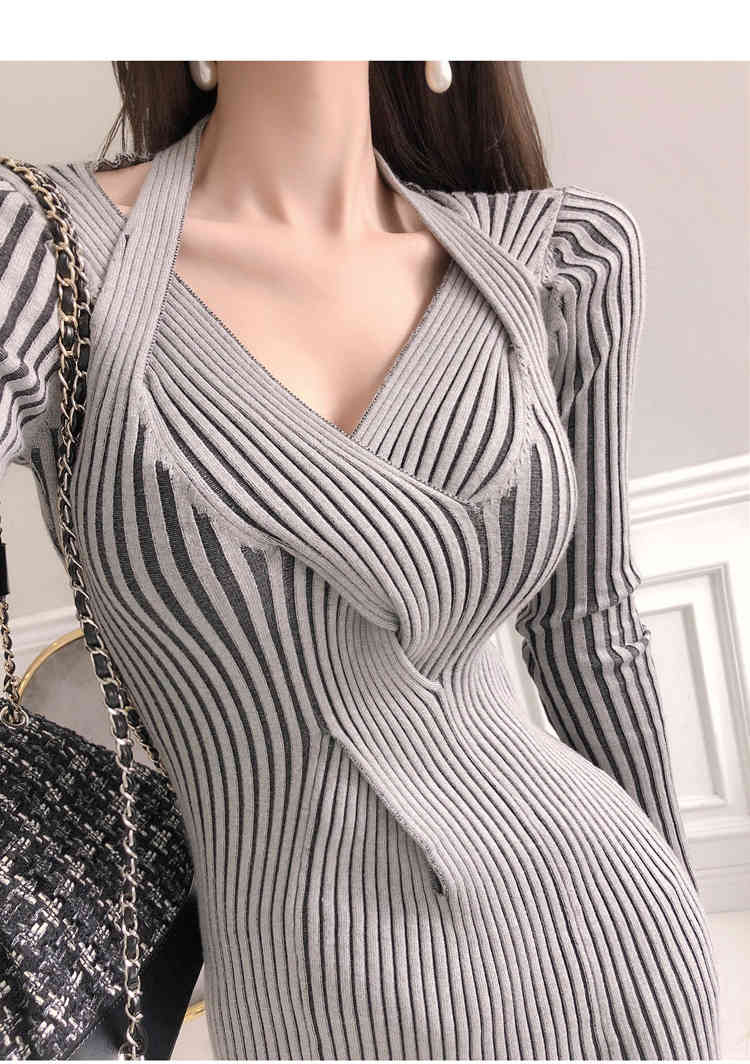 Knitted Sweater Dress Women's Autumn Winter Fashion Retro V-Neck Slim Lady Soft Warm Bodycon Slit Dresses Vestidos 210519
