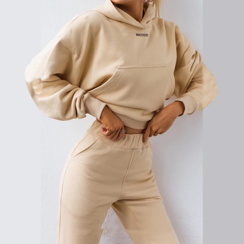 Fashion Women's Sportswear Casual Solid Color Long Sleeved Short Hoodie Trousers Sports Suit Winter Grils Ladies Tracksuit Tracksuits