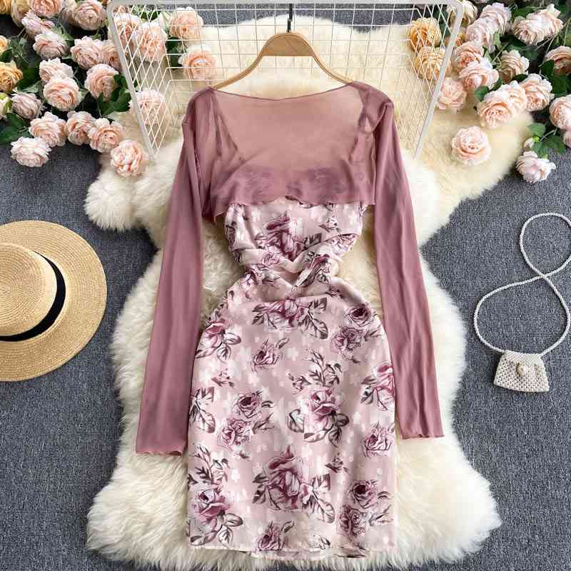 Women's Summer Sheath Floral Print Dress Set Long-sleeved Sun Protection Shirt Top All-match Sexy Suspender Dress Two-piece Suit 210515