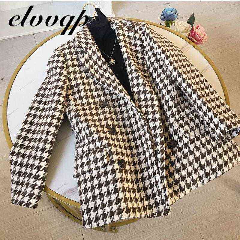 Autumn Winter Blazer Woolen Coat Women Fashion Elegant Double Breasted Houndstooth Thick Office Work Jacket Suit With Waist Bag 211116