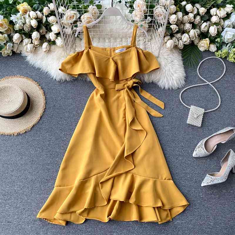 Summer Dress Off Shoulder Korean Vestido Bow Bandage Chic A-line Elegant Ruffle Dresses High Waist Retro Robe 26134 210519
