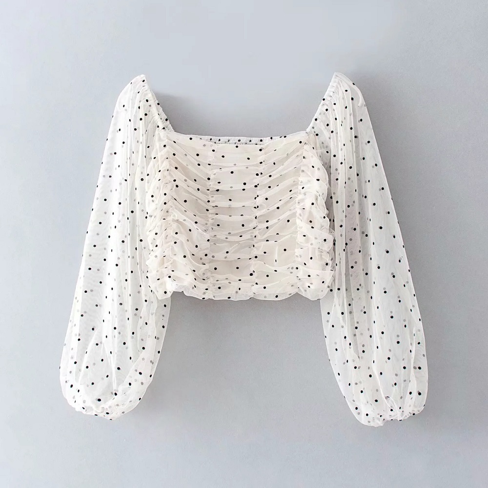 Women Fashion Polka Dot Transparent Short Blouse Vintage Square Collar Draped Smock Casual Girls Chic Tops 210520