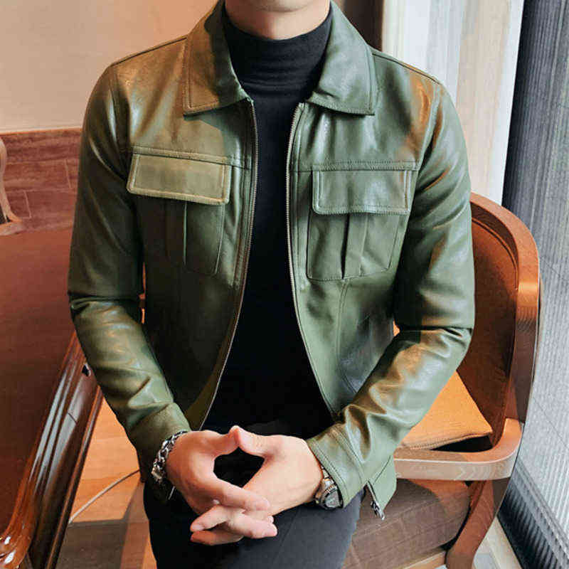 Faux Leather Jacket Men Autumn Motorcycle Korean Slim Green British Trend Casual 211111