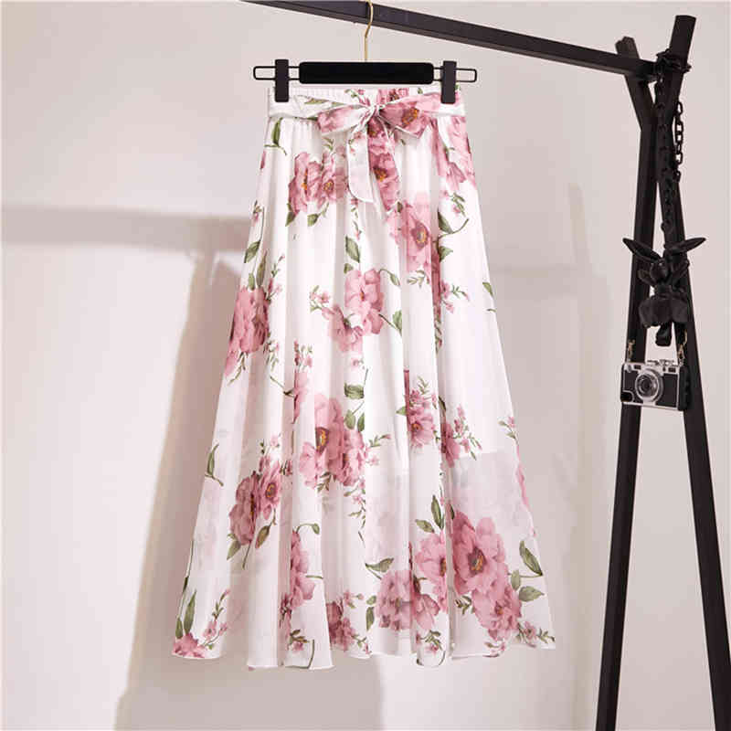Summer Bohemian Chiffon Skirt Lady Korean Style Printing Sun School High waisted Elegant beach skirt Midi Skirt Female 210415