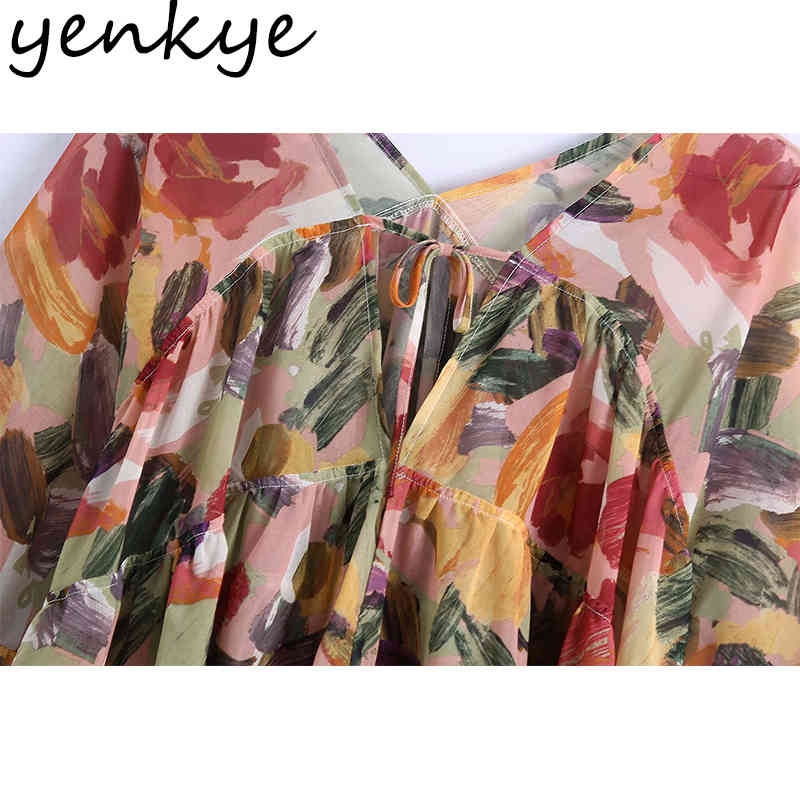Fashion Women Multicolor Print Chiffon Blouse Sexy Lace Up V Neck Flare Sleeve Holiday Boho Summer Tops Plus Size blusas 210430