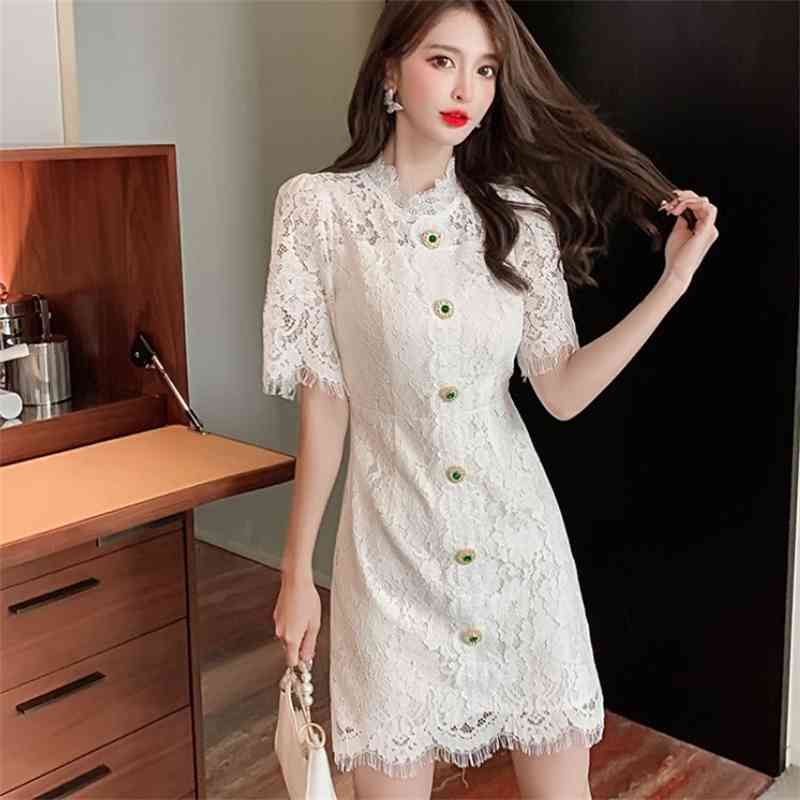 Summer White Dress Vintage Women Diamonds Single Breasted Embroidery Short Sleeve Office OL Bodycon Mini 210519