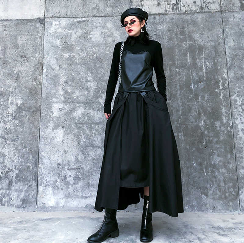 [EAM] High Elastic Waist Black Buckle Split Joint IrregularHalf-body Skirt Women Fashion Spring Autumn 1DA108 210621