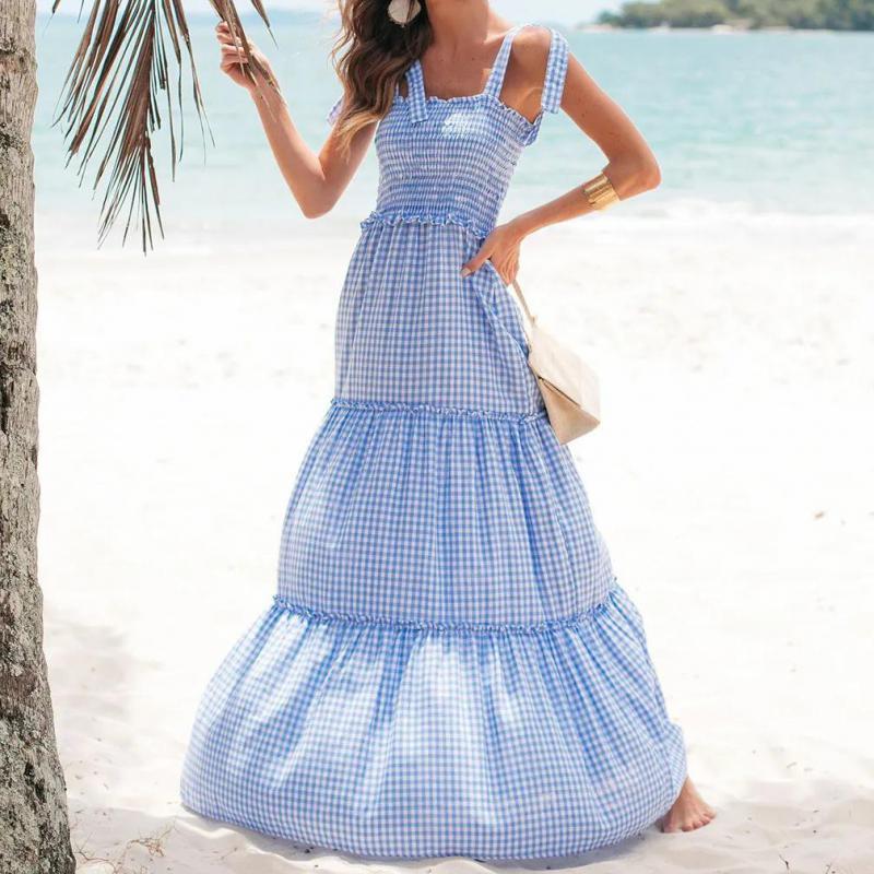 Women Dress Sleeveless Plaid Bohemian Dresses For Plus Size Vintage Sexy Long Beach Fashion 210524