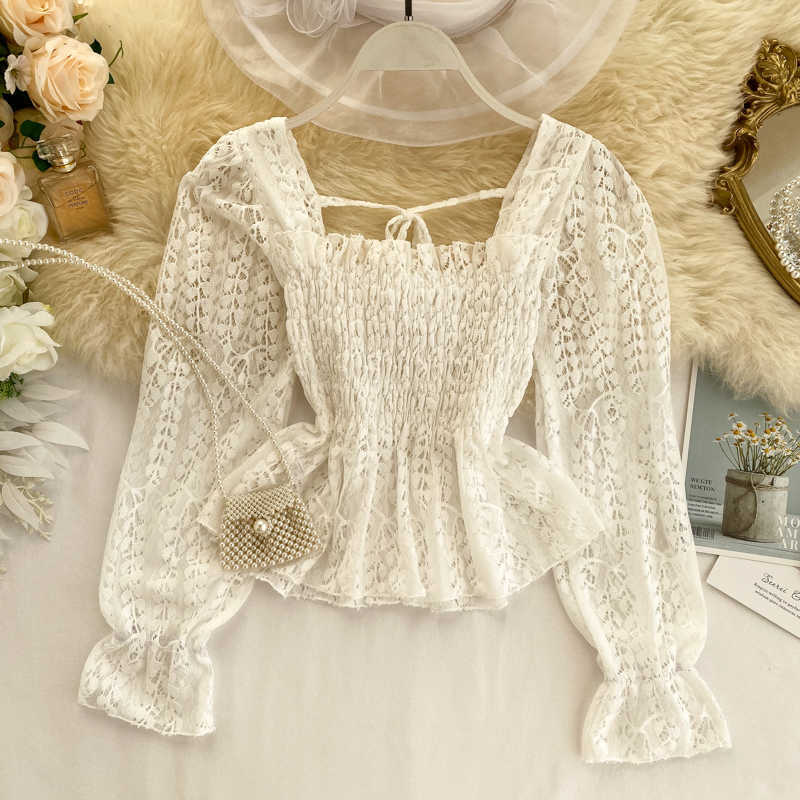 Chic Ruffled Elastic Waist Slimming Square Collar Long Sleeve Hollow Lace Blouse Woman Solid Color Elegant Shirts Tops K248 210527